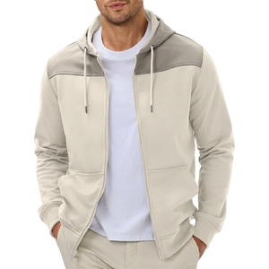 Wholesale Winter Mens <b>Zip</b> up <b>Hoodie</b> Color Block Panel Beige Grey Casual Athletic Drawstring Sweatshirt Jacket <b>Pockets</b> Slim Fit - Product Image 1