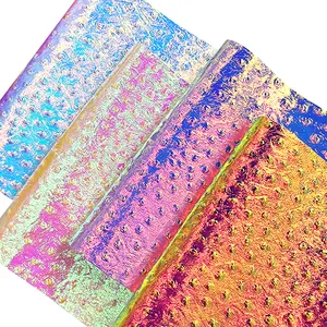 Holographic Ostrich Skin Embossing Design Cotton Backing Faux Leather Fabric for Bag