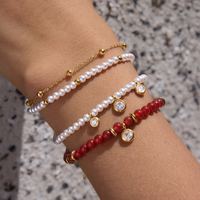 Bracelet à perles superposées en acier inoxydable plaqué or 18 carats J&D, agate rouge, fausse perle, pendentif CZ, réglable, bohème, élégant, bijoux pour femmes