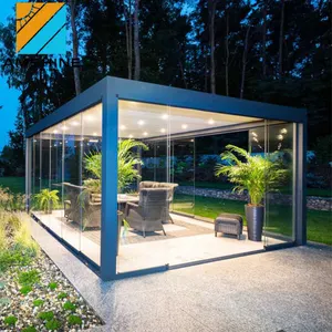 Pergola Outdoor Gazebo Aluminum Louver Roof Pergolas And Gazebos Outdoor With Glass Sliding Doors And LED Light