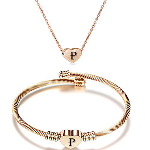 Stainless Steel Heart Necklace And <b>Bracelet</b> Set Rose Gold <b>Initial</b> M For Women Gift Jewelry Set - Product Image 4