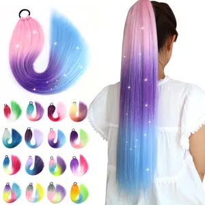 Trẻ em ponytail Bím Tóc 26 "long lanh hairpiecehair Crochet Braid tổng hợp tóc đuôi ngựa tóc mở rộng Cầu Vồng Kiểu tóc đuôi ngựa với tinsel