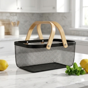 Panier de rangement en fil métallique avec poignées en bois, bac de rangement en maille pour fruits, pour cuisine, garde-manger, rangement domestique - Product Image 6