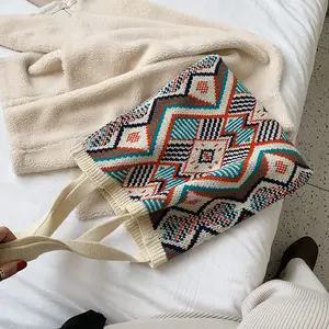 2022 Weibliche Handtasche Lady Stricken Gypsy Bohemian Boho Chic Aztec Einkaufstasche Frauen Häkeln Wolle Open Shopper Strick Einkaufstasche