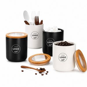 Tarro de cerámica para café con logotipo personalizado, tapa de bambú transparente, 850 ml, recipiente hermético para granos de café, té y azúcar - Product Image 1