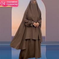 6778+2339 # B Eid Yeni 2 Parça Müslüman Kadın Abaya Seti Zarif Tesettür Kabarcık Krep Uzun Khimar Yan Delikli Pileli Manşet Cepli