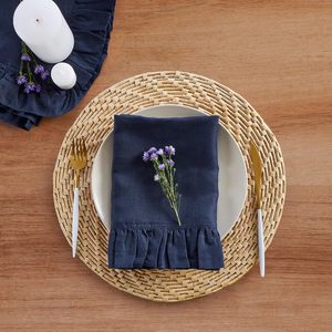 Fabriqués à la main 100% pur lin bleu marine serviettes de table <span class=keywords><strong>Gabrielle</strong></span> Ruffle Design lavable en Machine pour la saison d'automne automne - Product Image 1