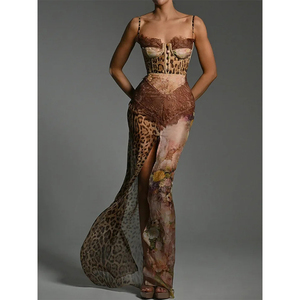 Batas de Playa Elegantes para Mujer en Gasa Sin Mangas con Hombros Descubiertos, Vestidos Transparentes de Cintura Alta con Abertura y Estampado de Leopardo en Malla con Tirantes - Product Image 1