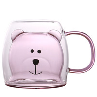 Vente en gros, fait à la main, marron, transparent, rond, 250ml, ours à double paroi, tasse en verre avec poignée