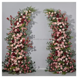 Customizable Wedding decoration Green plant red pink rose horn flower runner wedding stage background decoration