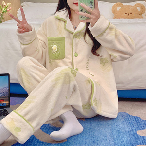 Pijamas de invierno para mujer, cárdigan de franela, solapa, dibujos animados, pijama dulce, traje, conjuntos de ropa de dormir - Product Image 1