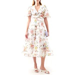 In-demand Product Banded Waist V-neck Dress Beautiful Floral Printed Dress Ivory Pleated Chiffon Mid-length Dresses for Women