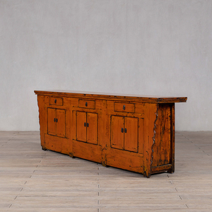 Buffet vintage en bois massif laqué orange vieilli, écologique, fait main, style chinois antique, 3 portes, 3 tiroirs, armoire basse - Product Image 3