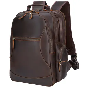 High Quality Vintage Style Brown Full Grain Leather Backpack Bag Men's Genuine Leather Laptop Backpack Zipper Closure Travel