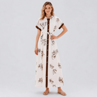 Robe chemise longue brodée motif cachemire blanc et marron pour femme, à manches courtes, col contrastant, ceinture intégrée, vente en gros OEM ODM