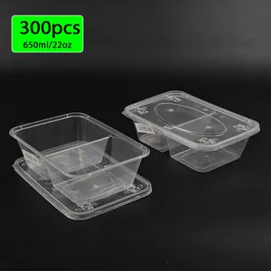 300pcs 2 Compartment 22oz Microwave Tight Seal Container With Lid Lunch Box Transparent Plastic MealPrep Container Food Takeaway