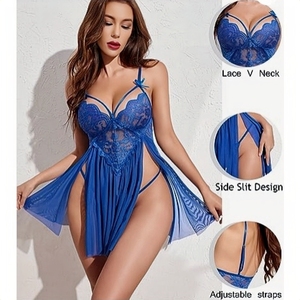 Conjunto de Lencería Sexy para Mujer, Estilo Exótico, Camisón con Abertura Lateral de Encaje y Escote en V + Tanga a Juego, Talla Grande, Pijama Sexy - Product Image 1