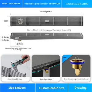 Slope Drain Shower Room Floor Drain Bathroom Extended Strip Type 304 Stainless Steel Anti-Odor Rectangular Brushed Surface - Product Image 6