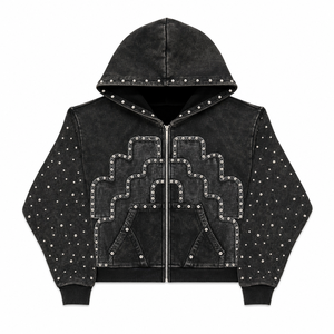 Custom Logo Pure Cotton Zip Up Hoodie Vintage Applique Embroidery Hot Fix Rhinestone Private Label Streetwear Men Hoodie - Product Image 1