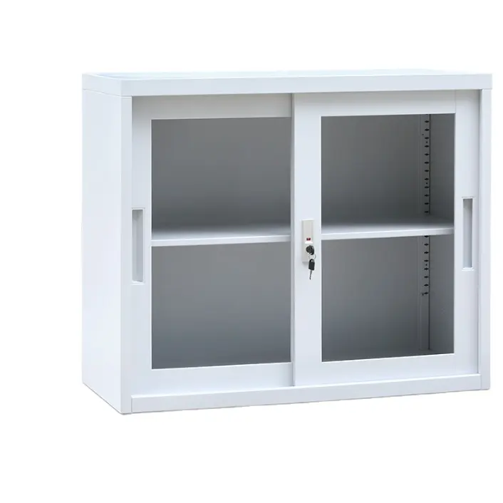 Solution d'archivage de mobilier de bureau Armoire basse avec armoires de classement à portes coulissantes en verre et acier