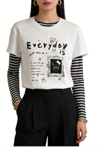 Camiseta de Dos Piezas con Estampado Digital Ecológico para Mujer, Estilo Gótico, Linda, con Estampado de Dibujos Animados Hechos a Mano, Manga Larga a Rayas para Moda Alternativa - Product Image 3