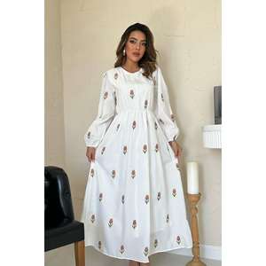 Vestido Bordado con Tulipanes Naranjas, Cintura Elástica, Cuello Redondo, Corte en A, Tejido, Informal, para Uso Diario - Product Image 2