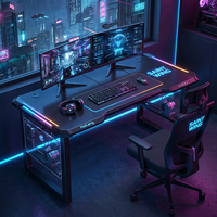Bureau de Gaming Ergonomique à Double Moteur avec Plateau en Fibre de Carbone RGB, Hauteur Réglable Électriquement, Station de Travail Esports avec Support pour Casque et Porte-Gobelet