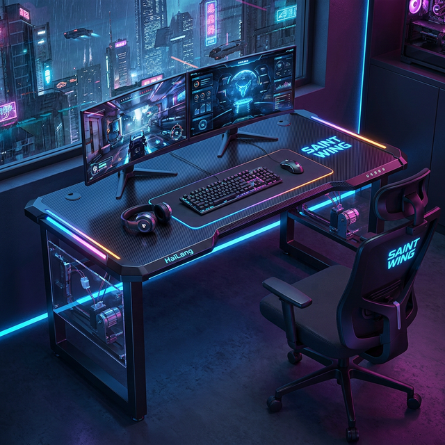 Gaming Standing Desk Dual Motor RGB Carbon Fiber Top Electric Height Adjustable Esports Workstation Cup Headset Hook