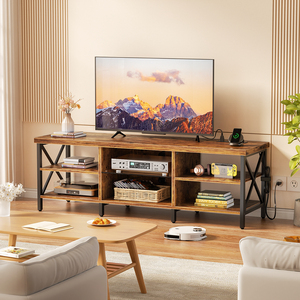 Soporte <span class=keywords><strong>de</strong></span> TV LED industrial moderno para televisores <span class=keywords><strong>de</strong></span> hasta 65 pulgadas, consola <span class=keywords><strong>de</strong></span> Panel <span class=keywords><strong>de</strong></span> madera y Metal resistente con estantes abiertos para sala multimedia en el hogar - Product Image 2