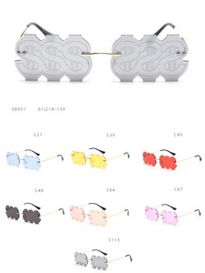 最新の面白いフレームレスサングラス女性用UV400ドル $ パーティーメガネ黄色と赤メタル & PCフレーム付き - Product Image 6