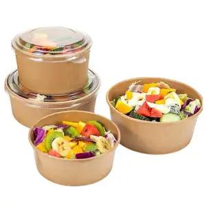 Kraft Paper Salad Bowl / Disposable Kraft Brown Paper Bowls / Containers Box with Transparent Lid