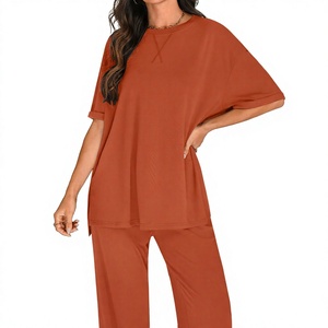 Ensemble coordonné en tricot pour femmes, 2 pièces, couleur unie, col rond, manches courtes, coupe ample, pantalon long, ensemble coordonné décontracté pour femmes - Product Image 5