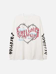 เสื้อยืดแขนยาวสีดำพิมพ์ลายหัวใจลวดหนามและเมฆ คอกลม ทรงหลวม ใส่ได้ทั้งชายและหญิง ทุกฤดูกาล - Product Image 3