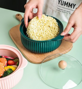 Vaisselle mate Bol à soupe aux nouilles Ramen en céramique avec couvercles de couverture Couleur Glaçure Deux oreilles Bols à bulles - Product Image 5