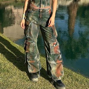 Jeans de Mujer Vintage de Alta Calidad con Diseño Nuevo, Personalizados, 100% Algodón, Lavado Ácido, Multibolsillos, Parches de Pintura, Estilo Holgado - Product Image 1