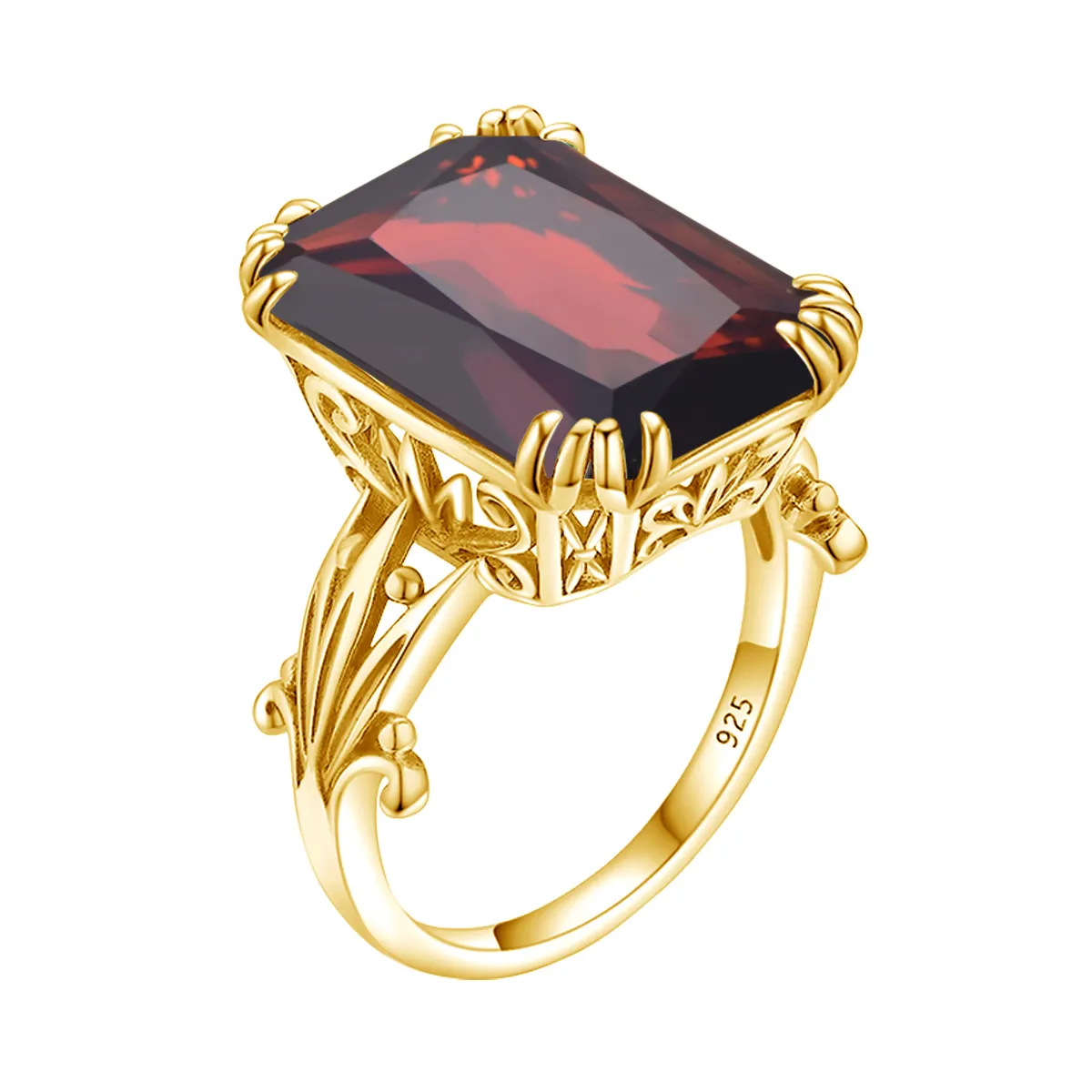 Trendy 18k placcato oro granato anelli festa di nozze rettangolo rosso pietra preziosa anello in argento Sterling Femme gioielli Dropshipping