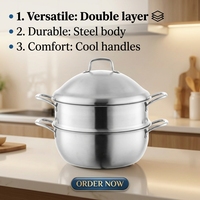 Marmite à soupe en acier inoxydable double couche épaissie, double fond, double poignée, design à angle droit, compatible gaz et induction, avec couvercle