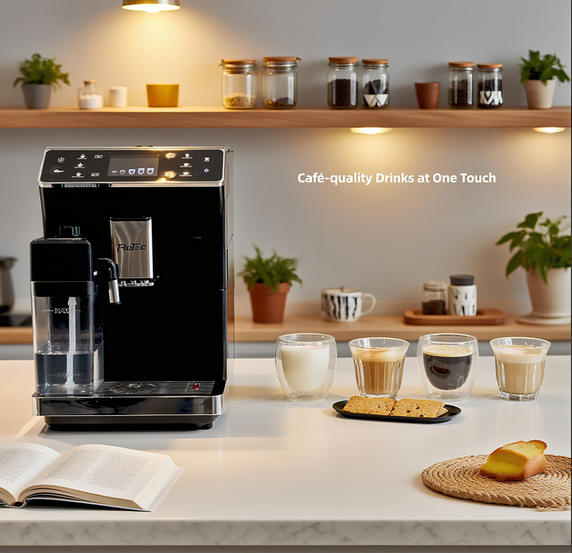 Black Automatic Coffee Maker - 8 Brew Options, Integrated Milk Frother, Intuitive Touch Control, Self-Cleaning System
