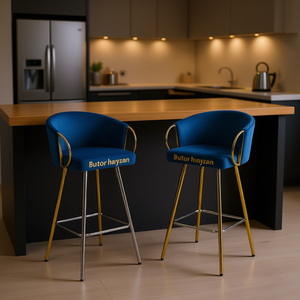 Sillas de Bar de Terciopelo Azul de 30 Pulgadas con Base Cromada, Muebles Modernos para Bar en Casa - Product Image 2