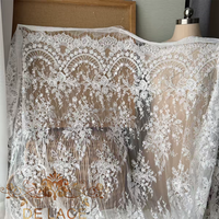 DELACE SXGN Dentelle Chantilly française avec broderie perlée et à sequins, tissu en maille à cils, motif floral, dentelle pour robe de mariée
