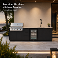 Ensemble d'armoires de cuisine extérieures modernes et modulaires, noir mat, avec évier BBQ et refroidisseur de boissons, pour villa et patio