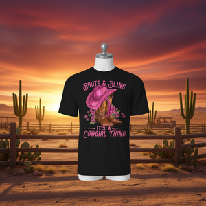 Camiseta de vaquera con botas y adornos, estilo rodeo occidental, diseño de botas y sombrero rosa - Product Image 3