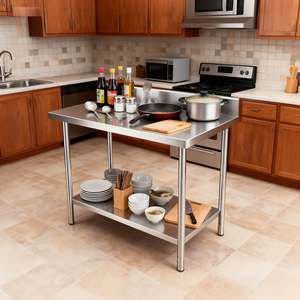 2025 yeni fabrika toptan paslanmaz çelik 201/304 çalışma masası 100mm Backsplash çift raf 300 kg/m yük ticari mutfak - Product Image 4