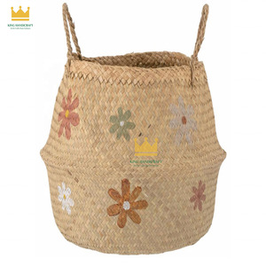 Rattan <b>Storage</b> <b>Basket</b> With Handles Floral Pattern Rustic Style Multi Purpose Home Decor Bowl Shape Handwoven - Product Image 1