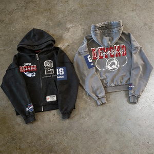 Sudadera con capucha oversize de algodón pesado con cremallera, estilo streetwear, con efecto desgastado, lavado ácido, doble capucha y bordado personalizado - Product Image 1