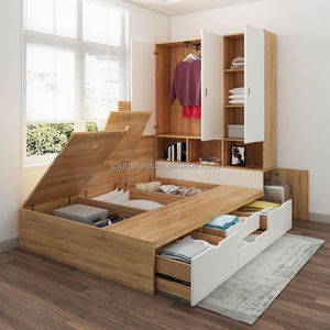 Cheap Studio Apartment Bedroom Furniture Complete Tatami Wooden <b>Storage</b> Bed Wardrobe & Wall Cabinet Set for Compact Living Space - Product Image 4