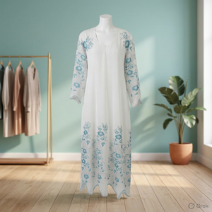 Elegante Abaya Azul Marfil con Bordado Floral en Línea A - Product Image 2