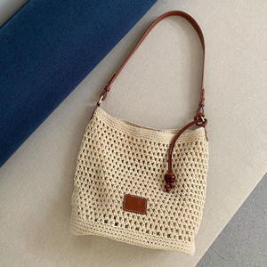 Bolso tote tejido calado para mujer, de algodón y lino, color blanco roto, con forma de cubo, cierre magnético, para verano 2024, bolso de hombro para playa - Product Image 1