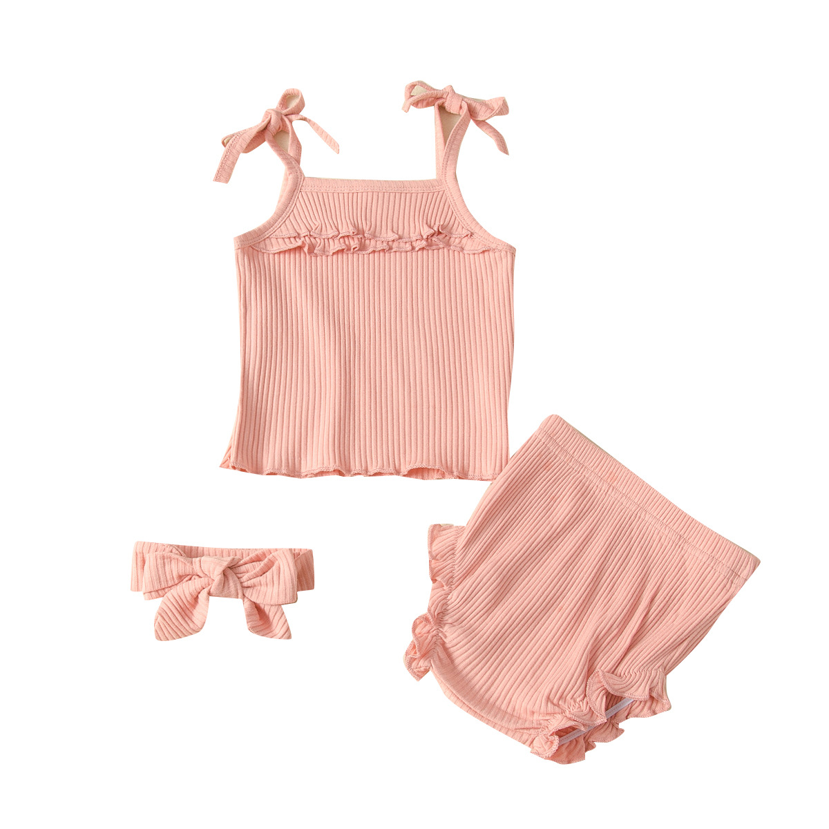 Детская одежда; Платье с оборками для маленьких девочек, платье на бретельках, топ и шорты, штаны и повязка на голову; Комплект одежды из 3 предметов, летний пляжный костюм, модная летняя детская одежда; Детская верхняя одежда; Комплект