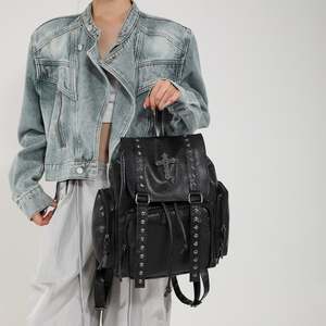 <strong>Women</strong> Fashion Backpack Multi Pocket <strong>Leather</strong> Student Laptop Shoulder Bag Punk Rivet <strong>Black</strong> Handbag for Rock Girls Travel <strong>Rucksack</strong> - Product Image 2